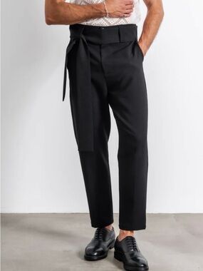 ORTTU Men's Black High-Waist Tie-Waist Trousers